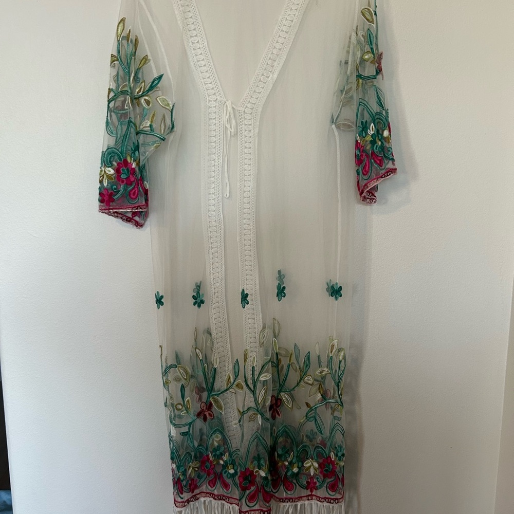 Embroidered Sheer Swim Coverup with Fringe - Picture 6 of 7